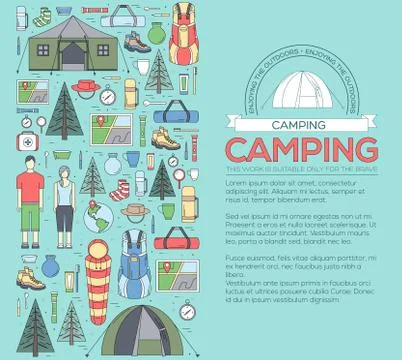 Camping equipment set circle infographics template concept. Icons design for Stock Illustration