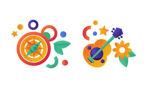 Camping Equipment Set, Compass and Acoustic Guitar Flat Vector Illustration Illustrazione stock