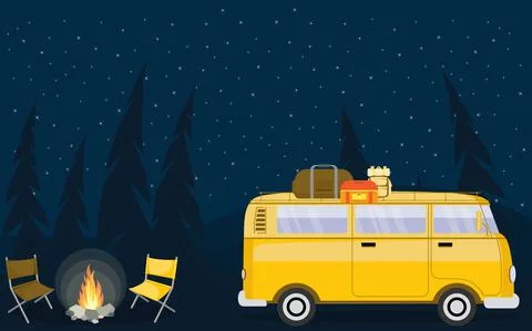 Camping Evening Scene.Car,Bonfire,Pine forest background,starry night sky Stock Illustration