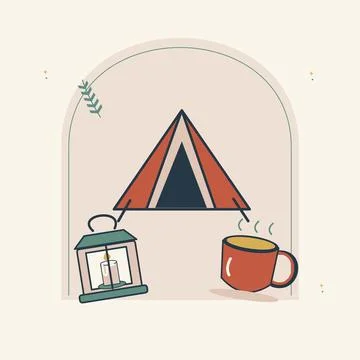 Camping evening with a tent and lantern. Decorative flat vector composition w Stock Illustration