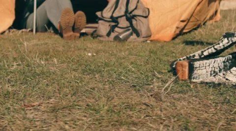 Camping with fire and tent Stock Footage 57526787