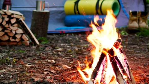 Camping with fire. Stock Footage 98155845