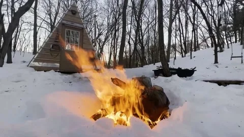 Camping fire in forest winter Stock-Footage 233761540