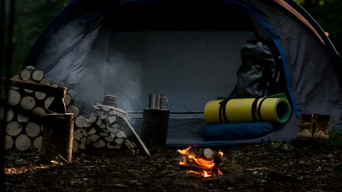 Camping with fire at night in wilderness. Stock Footage 93020791