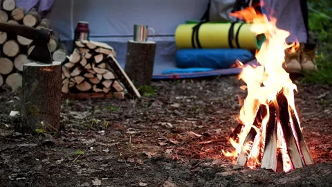 Camping with fire at night in wilderness. Stock Footage 93021400