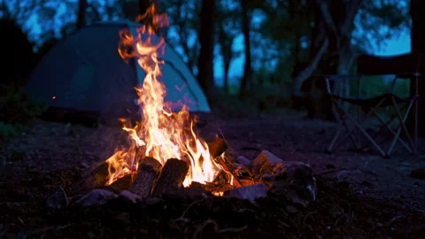 Camping fire with a tent in the background Stock Footage 242429549