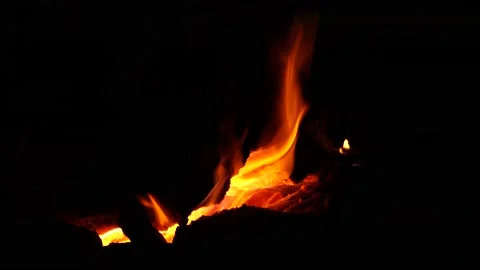 Camping fire in total darkness during night and nobody around Stock Footage 137351851