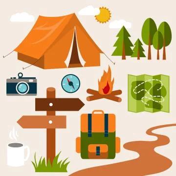 Camping flat design set Stock Illustration
