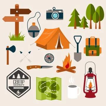 Camping flat design set Stock Illustration