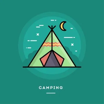 Camping, flat design thin line banner Stock Illustration