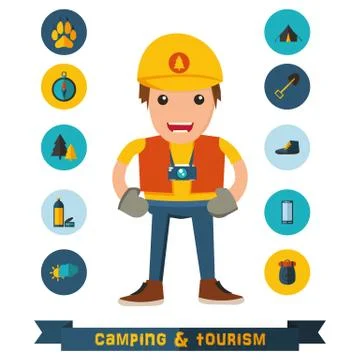 Camping flat icons with the character Stock Illustration