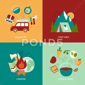 Camping flat icons set Stock Illustration