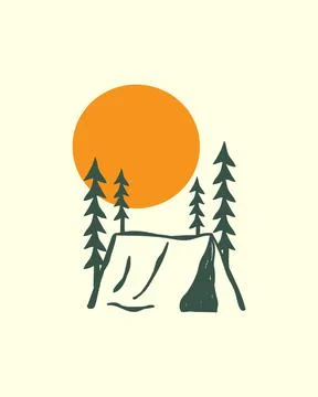 Camping in the forest against the backdrop of the sun, vector design Stock Illustration