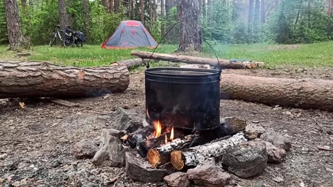 Camping in the forest, cooking in nature, on a campfire Stock Footage 235939948