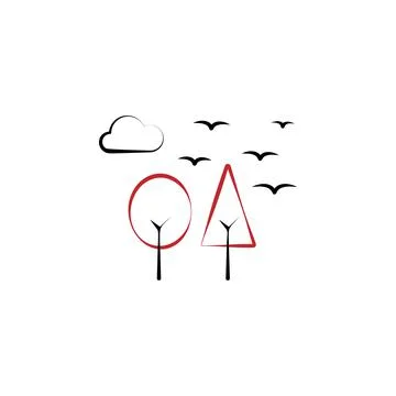 Camping, forest, trees, birds, cloud 2 colored line icon. Simple hand drawn Stock Illustration