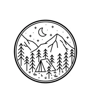 Camping in forest vector design in mono line art ,badge patch pin graphic Illustrazione stock