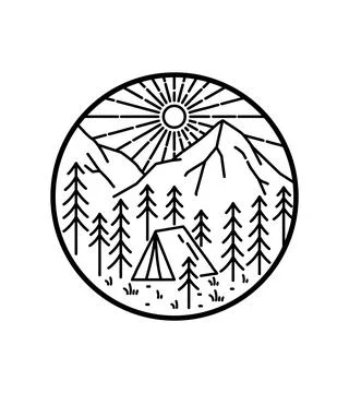 Camping in forest vector design in mono line art ,badge patch pin graphic Stock Illustration