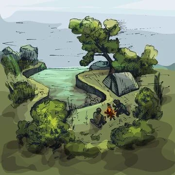 Camping in forest. Vintage vector hatching monochrome illustration Stock Illustration