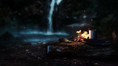 Camping with forest, waterfall, stream, bonfire and nature sounds ASMR Stock Footage 281922610
