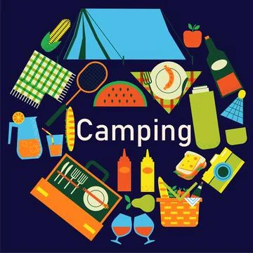 Camping frame. Different elements in circle form. Hiking tent, campfire and.. Stockillustratie