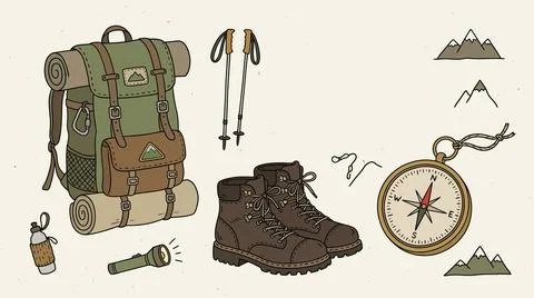 Camping gear with backpack sleeping bag poles boots and compass for trekkin.. Stock Illustration