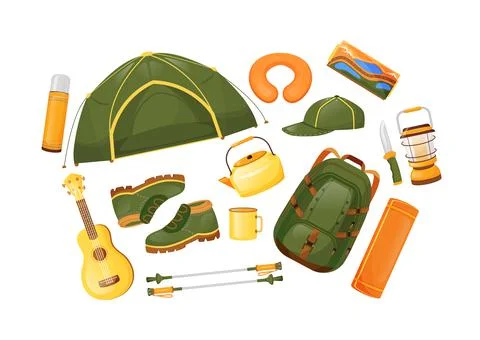 Camping gear flat color vector objects set 스톡 일러스트