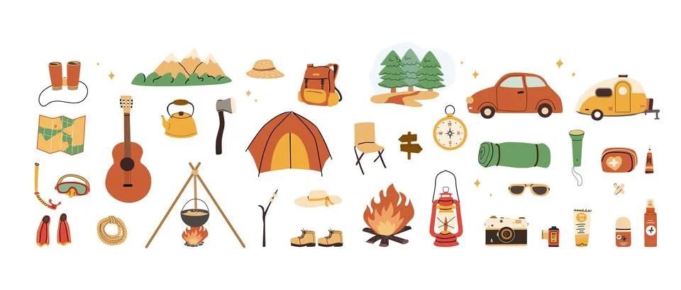 Camping gear set. Flat vector illustration of outdoor equipment for hiking, イラスト素材