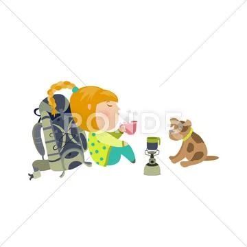 Camping girl drinks tea Stock Illustration