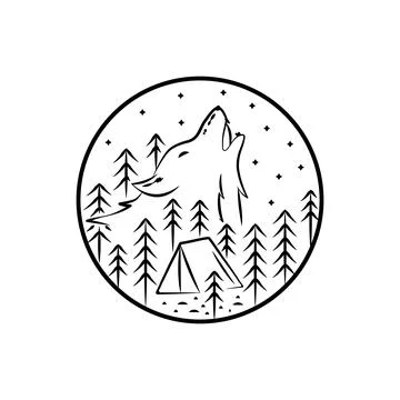 Camping ground and wolf illustration in mono line art Stock Illustration