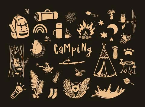 Camping hand drawn cute vector elements against the dark background Stock Illustration