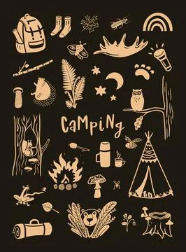 Camping hand drawn cute vector elements against the dark background 스톡 일러스트