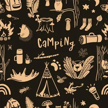 Camping hand drawn cute vector pattern against the dark background Stock Illustration