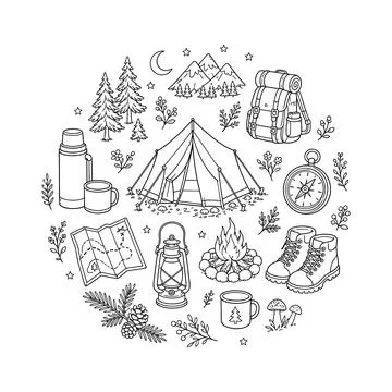 Camping Hand Embroidery Pattern Outdoor Adventure Nature Hoop Beginner DIY Gift Stock Illustration