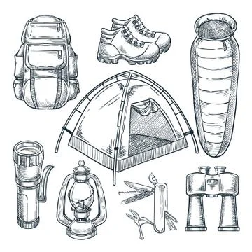 Camping hike items set. Vector hand drawn sketch illustration. Camp stuff des Stock Illustration