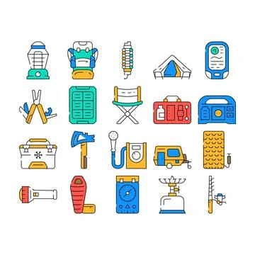 Camping Hiker Tool And Gadget Icons Set Vector Stock Illustration