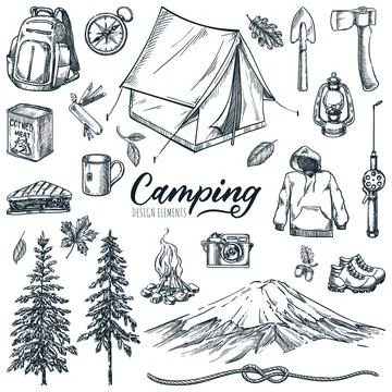 Camping, hiking adventures design elements set. Vector hand drawn sketch illu Illustrazione stock