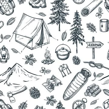 Camping, hiking adventures seamless pattern. Vector hand drawn sketch illus.. Stock Illustration