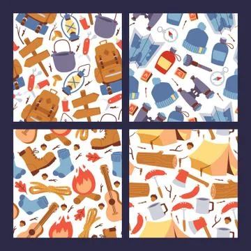 Camping hiking stickers seamless pattern vector illustration. Cartoon tourism Stock Illustration