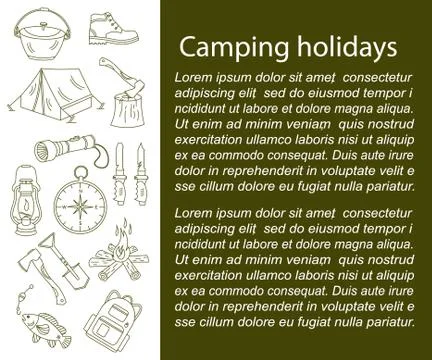 Camping holiday vector card with line icons Stock Illustration