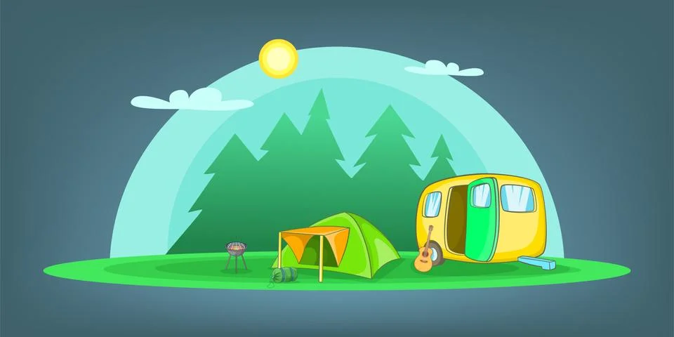 Camping horizontal banner objects, cartoon style イラスト素材
