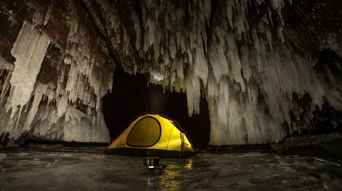 Camping in an ice cave Stock Footage 48595901