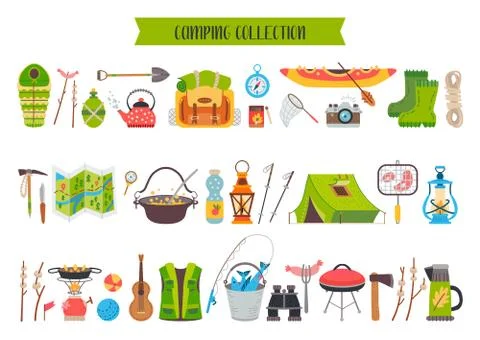 Camping icon equipment set. A vector illustration Stock Illustration