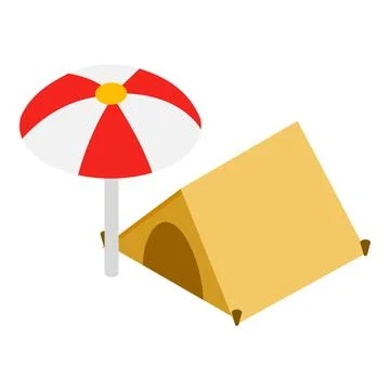 Camping icon isometric vector. Yellow open tourist tent and beach umbrella icon 스톡 일러스트