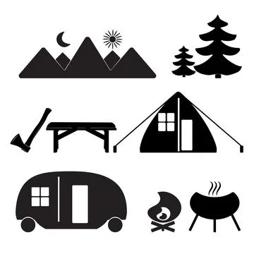 Camping icon set isolated on white background. Tent, barbecue grill, camper Stock Illustration