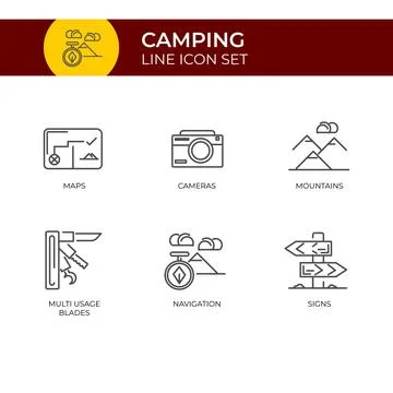 Camping Icon Set Vector Template, Expedition and traveling concept Line Icon Set Stock Illustration