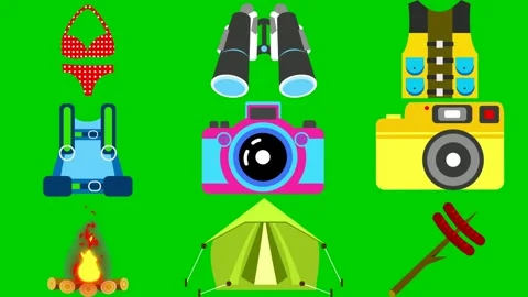 Camping icons on green screen featuring swimsuit binocular camera overalls Stock Footage 334704256