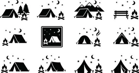 Camping icons set featuring night landscape with tent and campfire in nature. Illustrazione stock