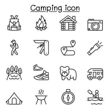 Camping icons set in thin line style Stock Illustration