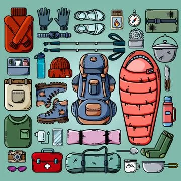 Camping icons set. Vector flat set of camping and hiking objects Illustrazione stock