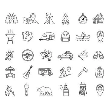 Camping Icons Set. Vector Icons Camp, Forest, Barbecue, Kayak, Road Travel,.. Stock Illustration